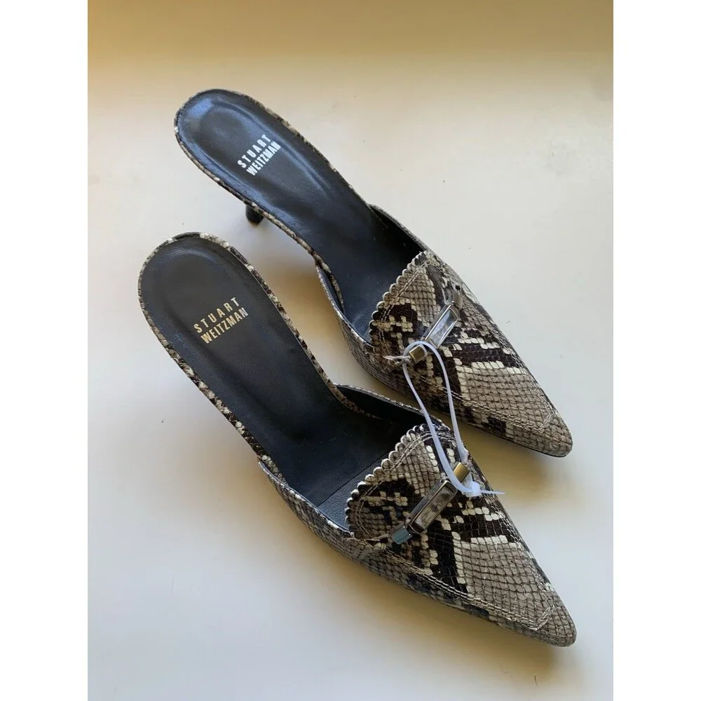 NWOT Stuart Weitzman 9.5M Snakeskin Pointy Toe Open Heel Slip On Heels 4007979